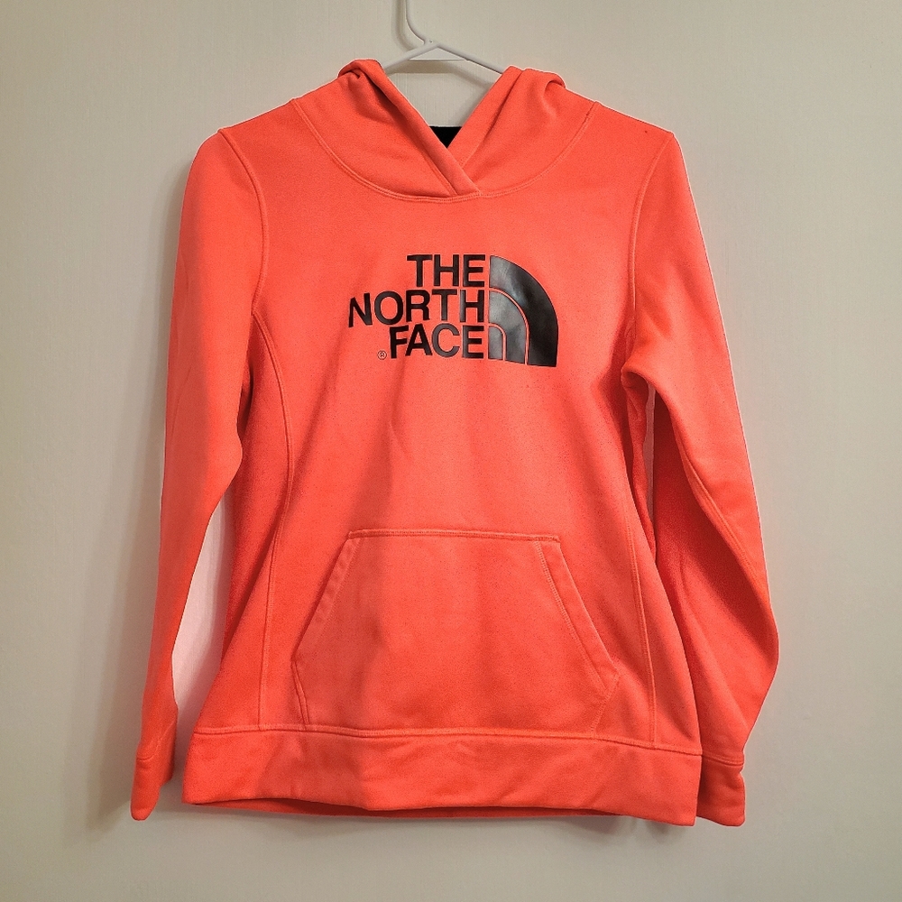 The North Face Hoodie Size Medium Black Logo Print Pink/Orange Sweatshirt Neon - Picture 1 of 12
